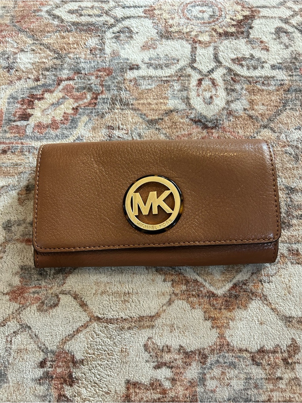 Michael Kors Tan Brown Leather Trifold Wallet with Gold MK Emblem